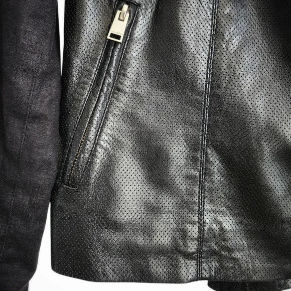 Lamarque Black Leather and Linen Jacket Draped Moto - Picture 2 of 6